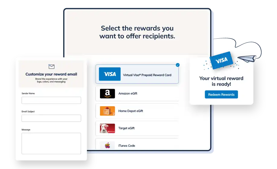 Illustration of a customizable reward email platform with Visa prepaid card options. Best Payment Solutions makes it easy to order and distribute Visa reward cards.